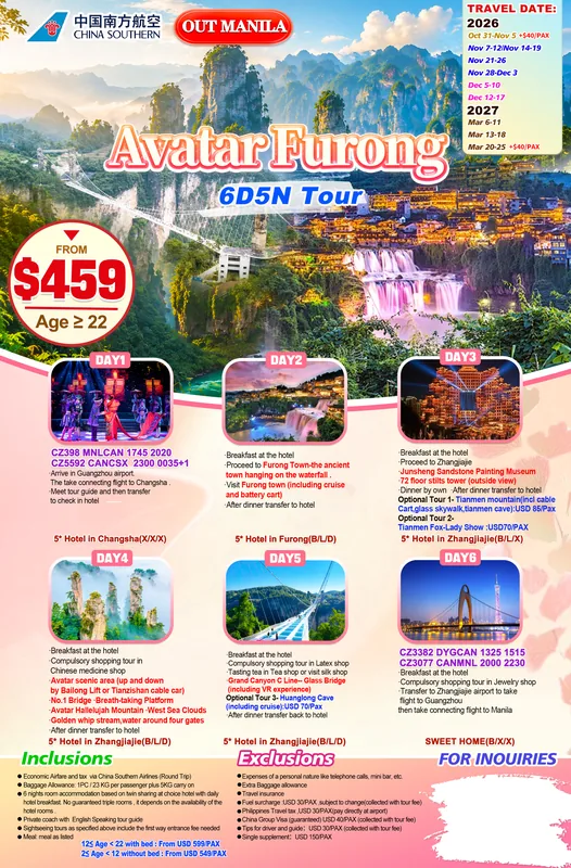 Zhangjiajie (Avatar) – Furong Town 6D5N Tour itinerary poster
