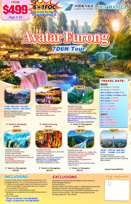 Zhangjiajie (Avatar) – Furong 7D6N Tour (Via Guangzhou) itinerary poster