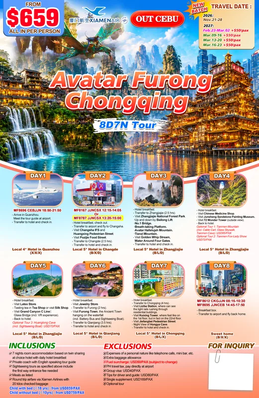 Zhangjiajie (Avatar) – Furong – Chongqing 8D7N Tour poster 2