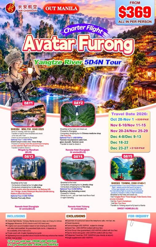 Avatar – Furong – Yangtze River 5D4N Charter Flight Tour itinerary poster