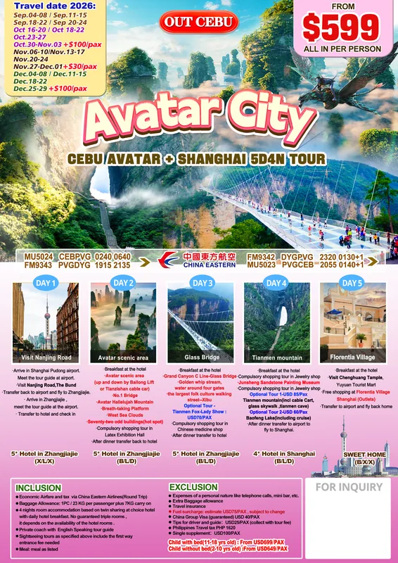 Zhangjiajie (Avatar) – Shanghai 5D4N Tour itinerary poster