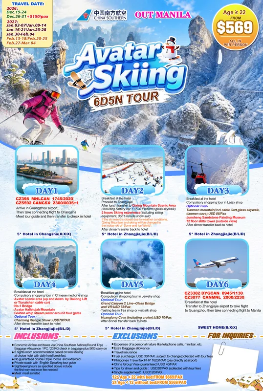 Avatar – Skiing (Changsha – Zhangjiajie) 6D5N Tour itinerary poster