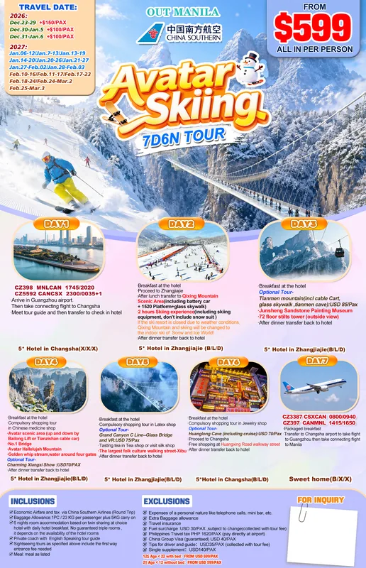 Avatar – Skiing 7D6N Tour (via Guangzhou) itinerary poster