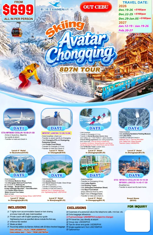 Zhangjiajie (Avatar) Skiing – Chongqing 8D7N Tour itinerary poster