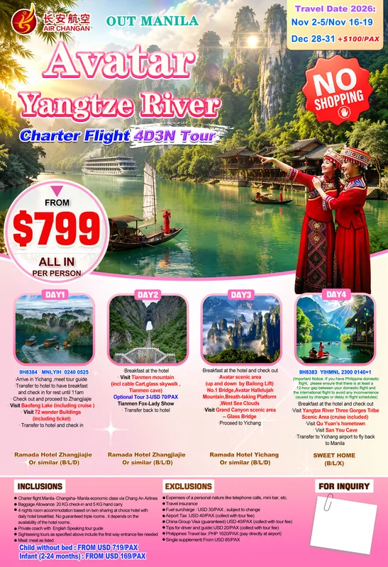 Zhangjiajie (Avatar) – Yangtze River Charter Flight 4D3N Tour (No Shopping) itinerary poster
