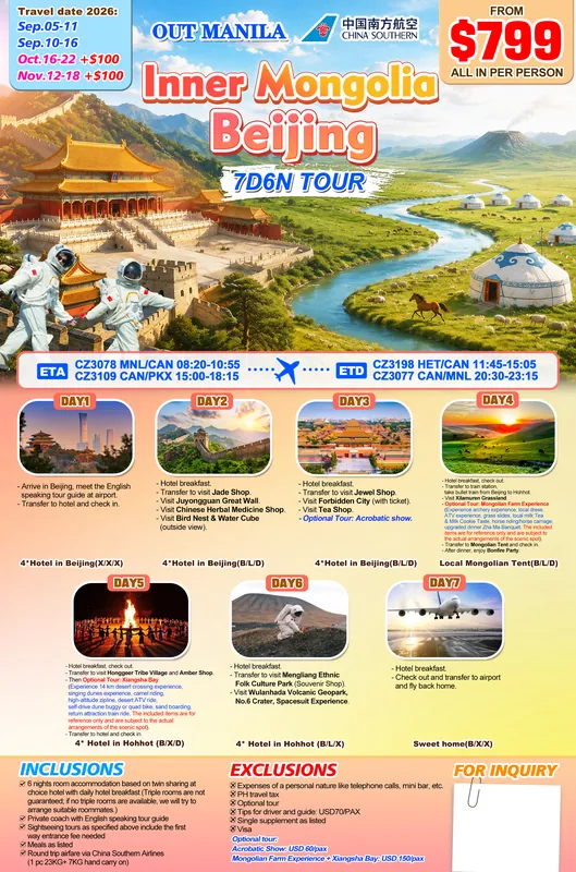 Beijing – Hohhot – Inner Mongolia 7D6N Tour itinerary poster