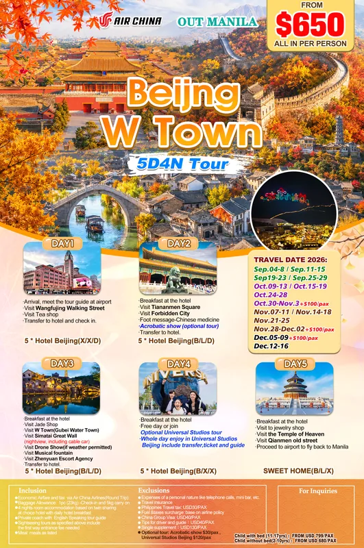 Beijing – W Town (Fairytale Town) 5D4N Tour itinerary poster