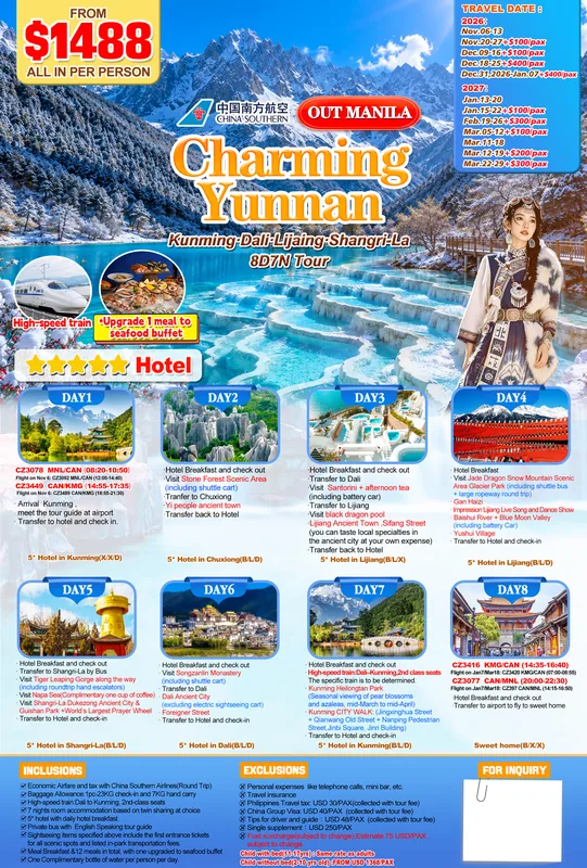 Charming Yunnan 8D7N Tour (No Shopping) itinerary poster