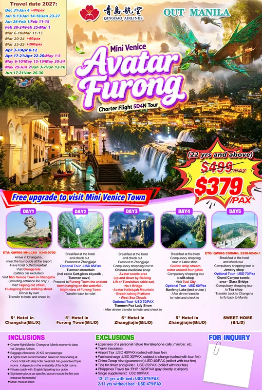 Charter Flight Avatar – Furong Town (Mini Venice) 5D4N Tour itinerary poster