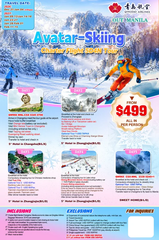 Charter Flight Avatar (Zhangjiajie) Skiing 5D4N Tour itinerary poster