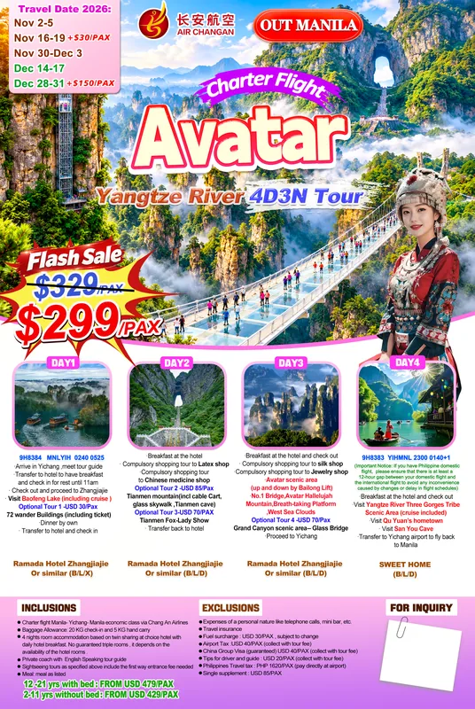 Charter Flight Zhangjiajie (Avatar) – Yangtze River 4D3N Tour itinerary poster