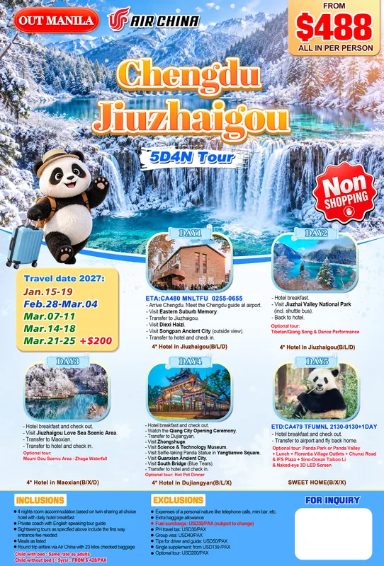 Chengdu – Jiuzhaigou 5D4N Tour (No Shopping) itinerary poster