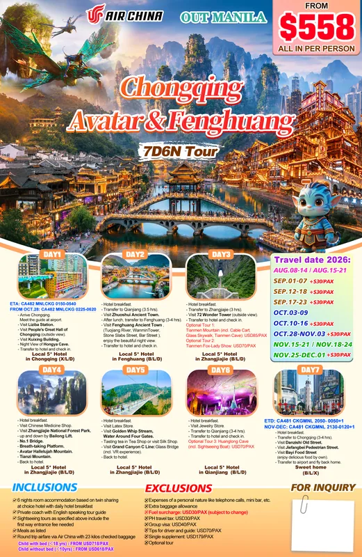 Chongqing – Zhangjiajie (Avatar) – Fenghuang 7D6N Tour itinerary poster