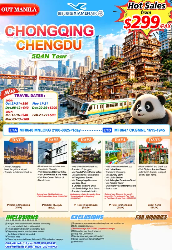 Chongqing – Chengdu 5D4N Tour (in and out of Chongqing, Xiamen Airlines) itinerary poster