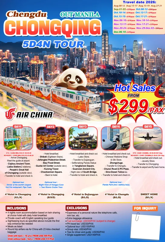 Chongqing – Chengdu 5D4N Tour itinerary poster