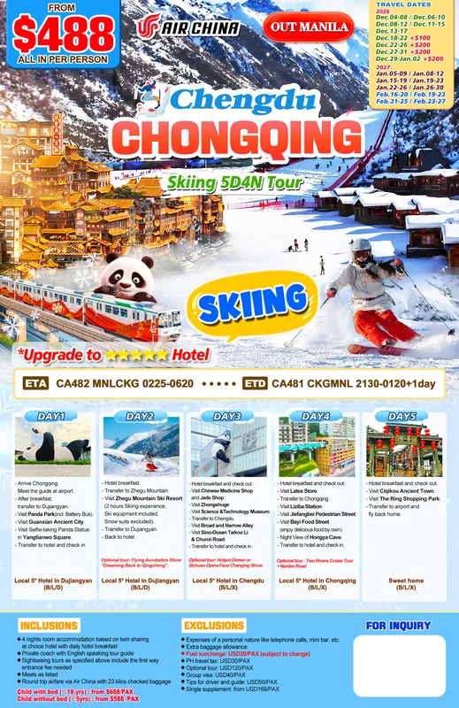 Chongqing – Chengdu Skiing 5D4N Tour itinerary poster