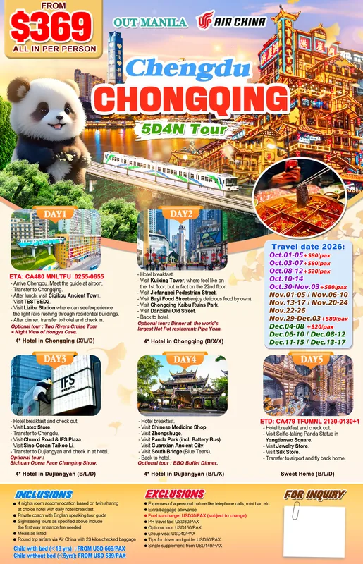 Chengdu – Chongqing 5D4N Tour (in and out of Chengdu, Air China) itinerary poster