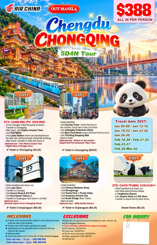 Chengdu – Chongqing 5D4N Tour (in and out of Chengdu, Air China) poster 2