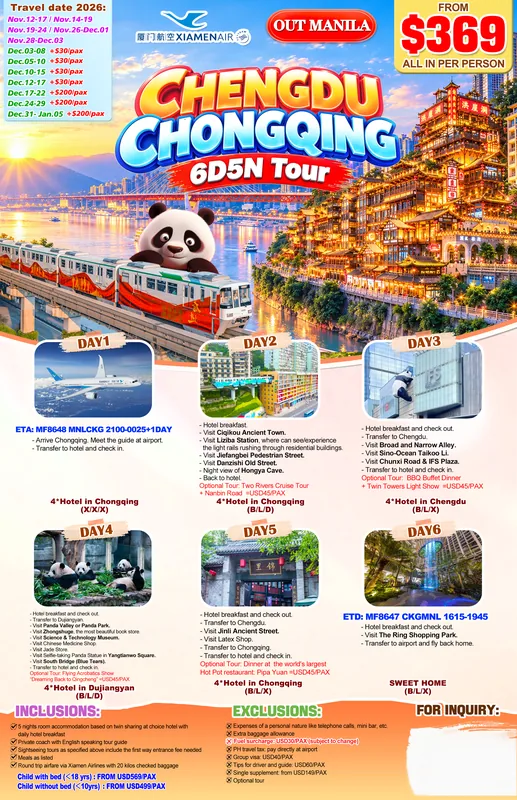 Chongqing – Chengdu 6D5N Tour itinerary poster