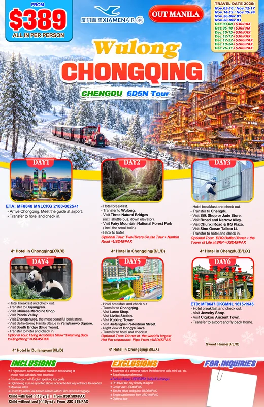 Chongqing – Wulong – Chengdu 6D5N Tour itinerary poster