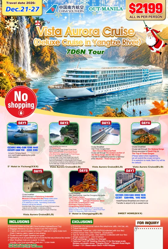 Vista Aurora Cruise – Chongqing – Yangtze River – Yichang 7D6N Tour (No Shopping) itinerary poster