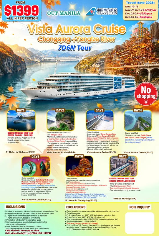 Chongqing – Yangtze River – Vista Aurora Cruise 7D6N Charter Tour (No Shopping) itinerary poster