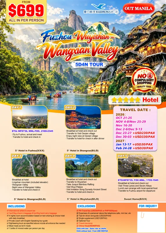 Fuzhou – Wuyishan – Wangxian Valley 5D4N Tour (No Shopping) itinerary poster