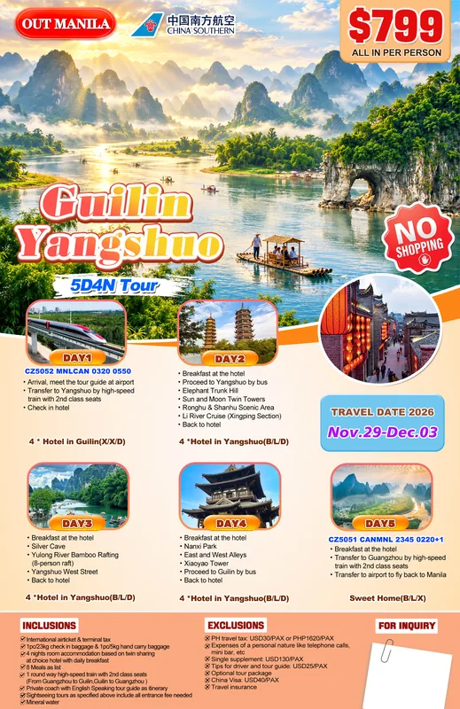 Guilin – Yangshuo 5D4N Tour (No Shopping) itinerary poster