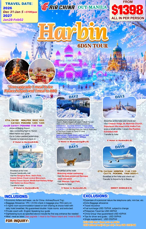Harbin – Yabuli – Mudanjiang 6D5N Winter Tour (No Shopping) itinerary poster