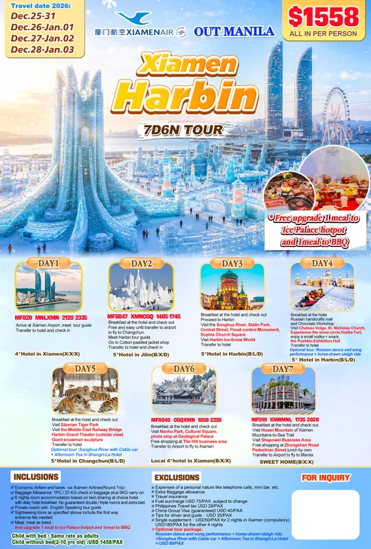 Harbin – Changchun – Xiamen 7D6N Winter Tour (No Shopping) itinerary poster
