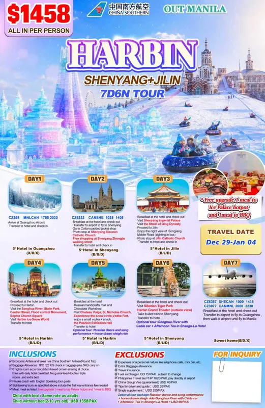 Harbin – Shenyang – Jilin 7D6N Tour (No Shopping) itinerary poster