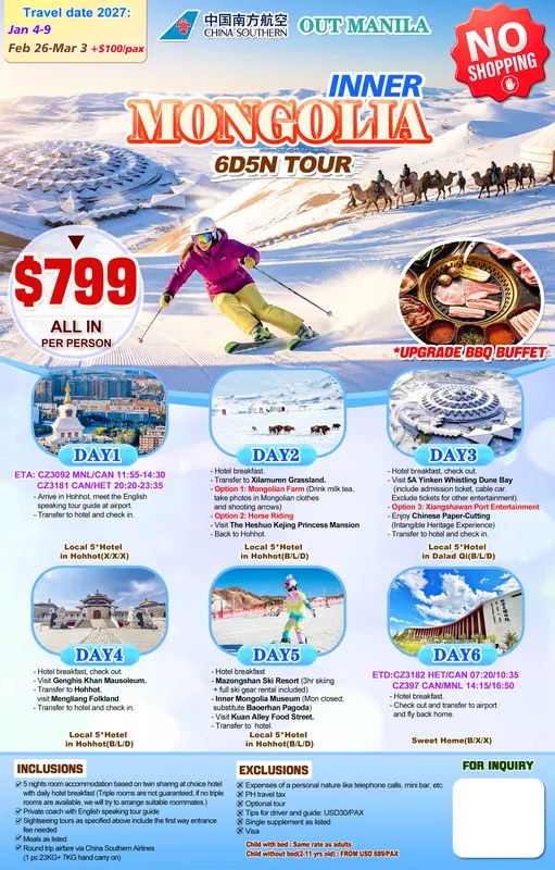 Inner Mongolia – Hohhot Grassland & Skiing 6D5N Tour (No Shopping) itinerary poster