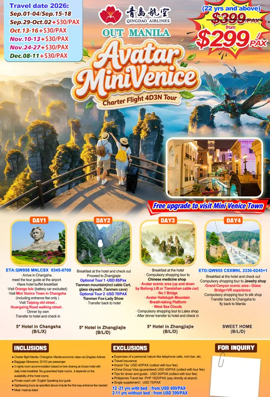 Promo Charter Zhangjiajie (Avatar) – Changsha Mini Venice 4D3N Tour itinerary poster