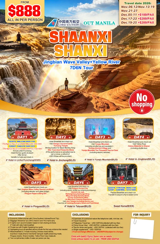 Shaanxi – Shanxi Wave Valley & Yellow River 7D6N Tour (No Shopping) itinerary poster