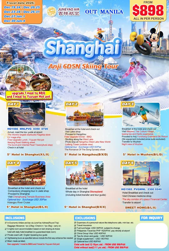 Shanghai – Hangzhou – Anji Skiing 6D5N Tour itinerary poster