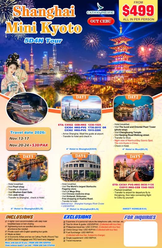 Shanghai – Wuxi Mini Kyoto – Wuzhen 5D4N Tour (Nov departures) itinerary poster