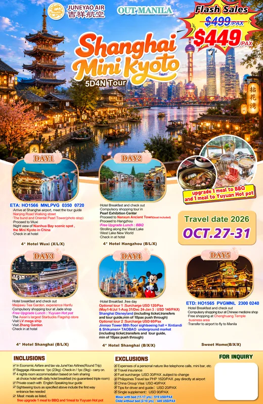 Shanghai – Wuxi – Hangzhou Mini Kyoto 5D4N Tour itinerary poster