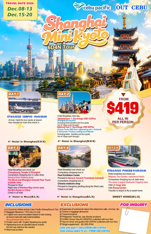 Shanghai – Wuxi Mini Kyoto – Hangzhou 6D4N Tour itinerary poster