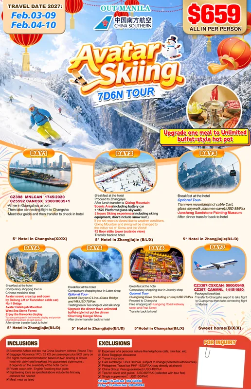 Spring Festival Zhangjiajie (Avatar) – Skiing 7D6N Tour itinerary poster
