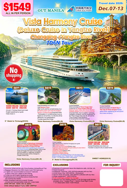 Vista Harmony Cruise – Chongqing – Yangtze River – Yichang 7D6N Tour (No Shopping) itinerary poster
