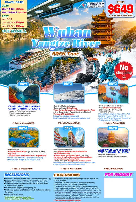 Wuhan – Yichang – Yangtze River 6D5N Winter Tour (No Shopping) itinerary poster