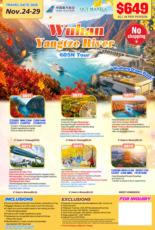 Yichang – Wuhan – Yangtze River Autumn 6D5N Tour (No Shopping) itinerary poster