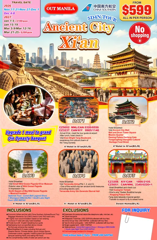 Xi’an 5D4N Tour (No Shopping) itinerary poster