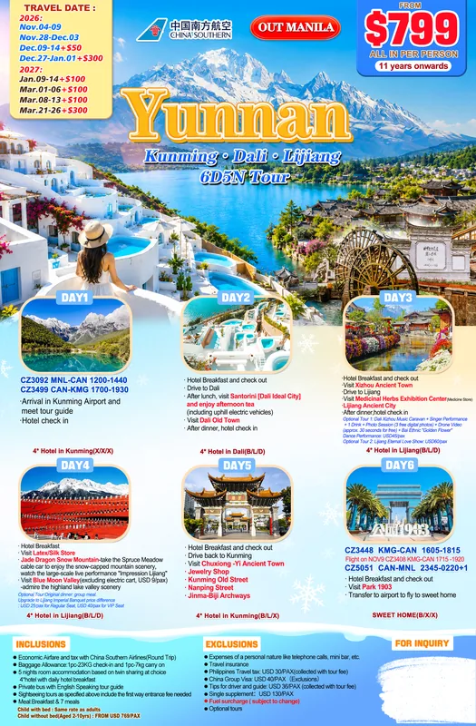 Yunnan – Kunming – Dali – Lijiang 6D5N Tour itinerary poster