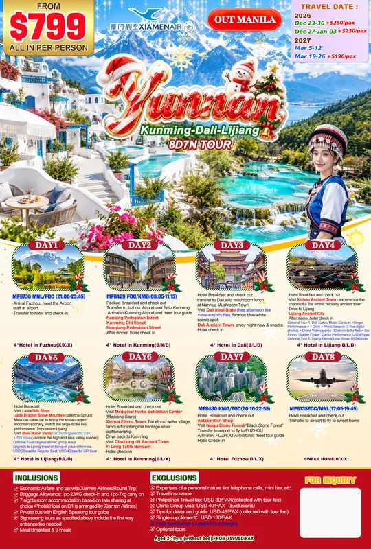 Yunnan – Kunming – Dali – Lijiang 8D7N Tour itinerary poster
