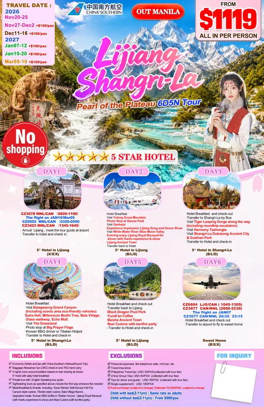 Lijiang – Shangri-La 6D5N Tour (No Shopping) itinerary poster