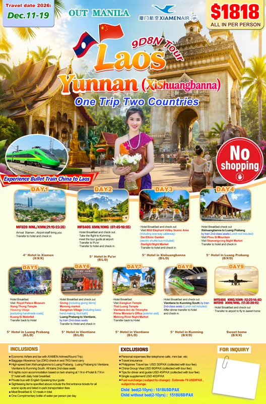 Yunnan (Xishuangbanna) – Laos (Luang Prabang – Vientiane) 9D8N Tour itinerary poster