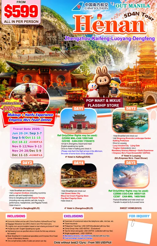 Henan Ancient Capitals – Zhengzhou, Kaifeng, Luoyang & Dengfeng 5D4N Tour (No Shopping) itinerary poster
