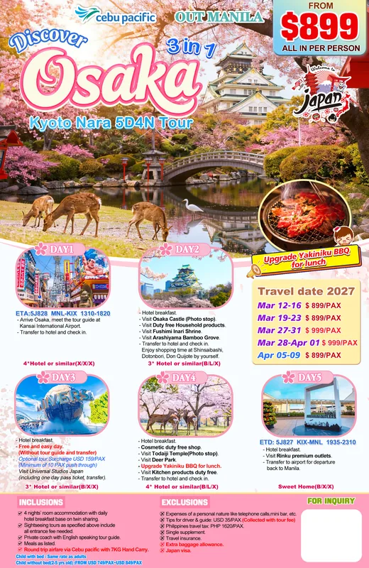Discover Osaka – Kyoto – Nara 5D4N Tour (Mar–Apr departures, from Manila) itinerary poster