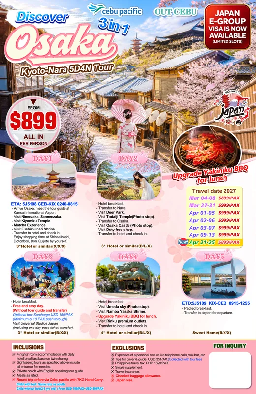 Discover Osaka – Kyoto – Nara 5D4N Tour (Mar–Apr departures, from Cebu) itinerary poster